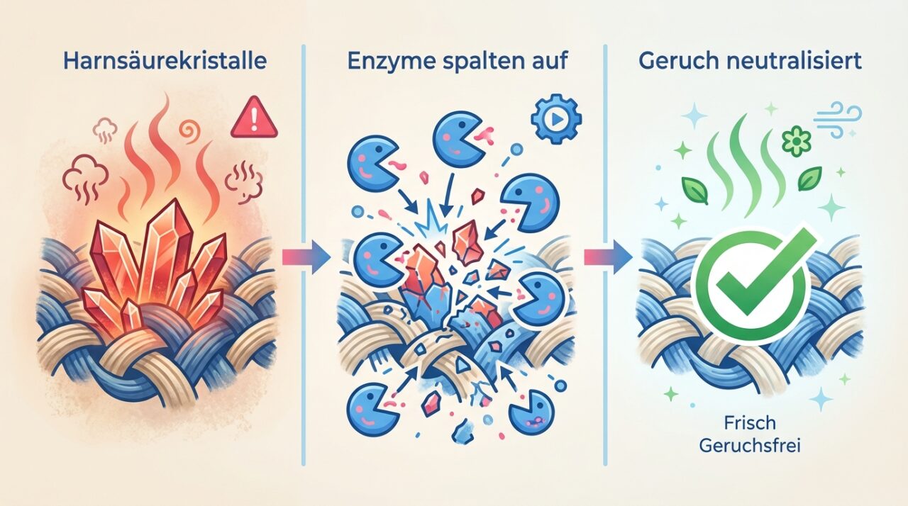 Infografik: So zersetzen Enzyme Harnsäurekristalle und neutralisieren Katzenurin-Geruch