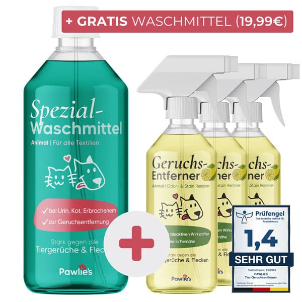 Geruchsentferner Vorrats-Set (3x Spray + GRATIS 1L Waschmittel)