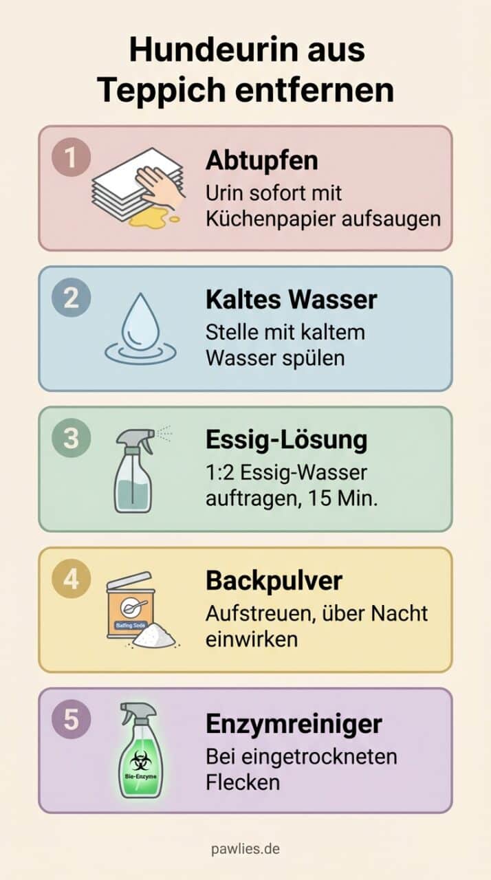 Infografik: Hundeurin aus Teppich entfernen in 5 Schritten - Abtupfen, Kaltes Wasser, Essig-Lösung, Backpulver, Enzymreiniger